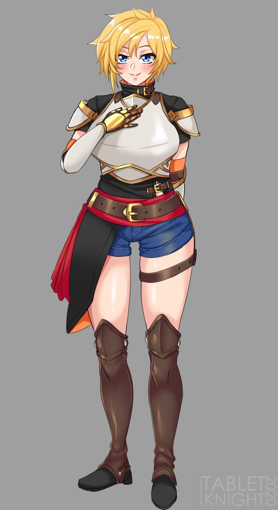 1girl, armor, artist_name, belt, belt_buckle, blonde_hair, blue_eyes, breasts, buckle, closed_eyes, denim, denim_shorts, full_body, genderswap, genderswap_(mtf), highres, jaune_arc, large_breasts, looking_at_viewer, rwby, short_hair, short_sleeves, shorts, smile, solo, standing, tabletknight, thigh_strap, watermark