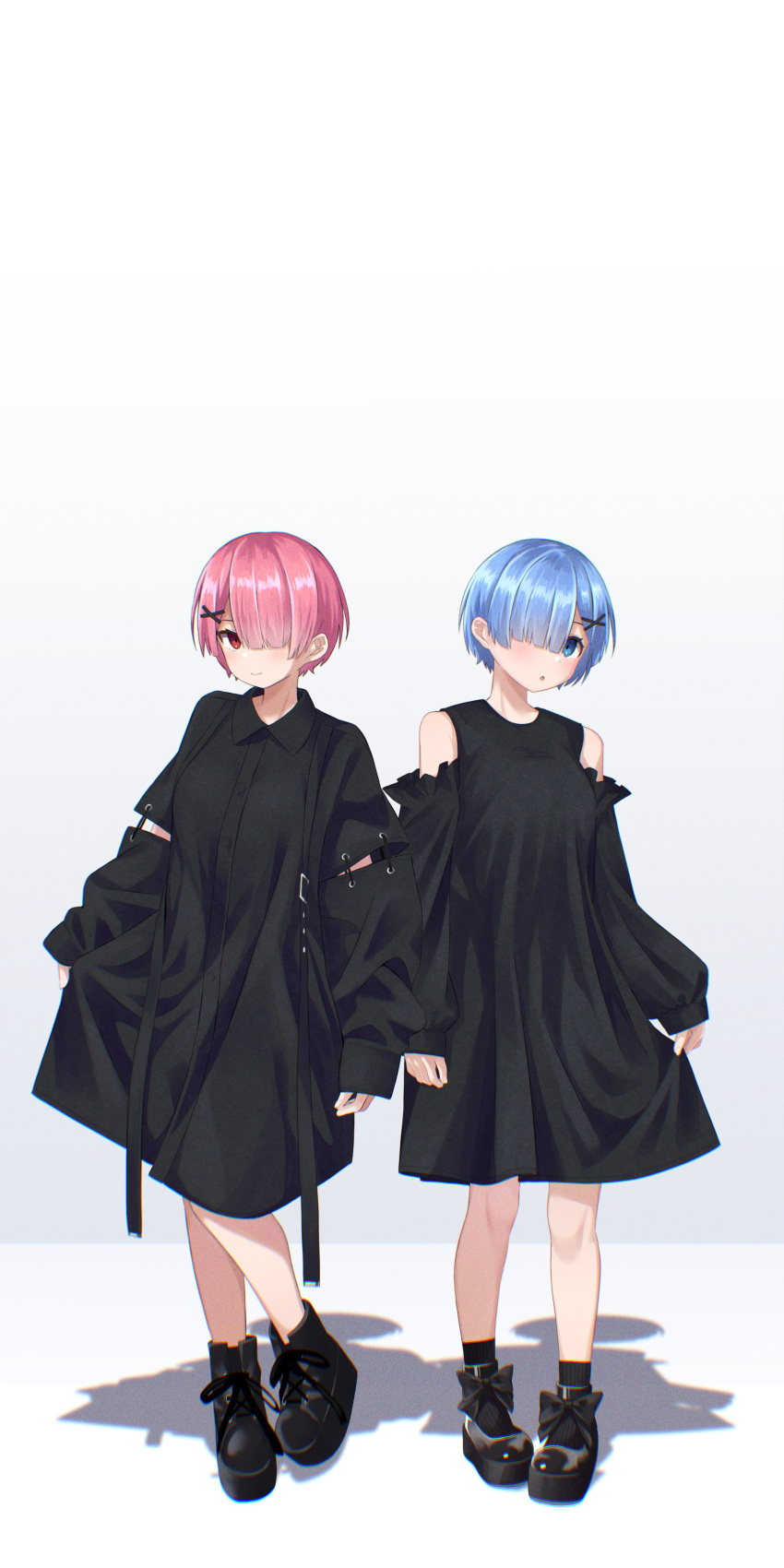 2girls, absurdres, alternate_costume, ankle_boots, bangs, bare_shoulders, black_bow, black_coat