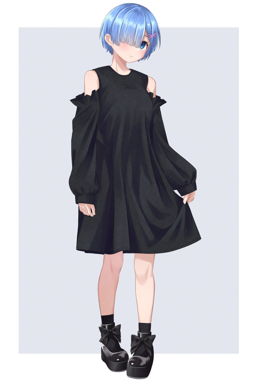 1girl, alternate_costume, bare_shoulders, black_bow, black_dress, black_footwear, black_legwear, black_sleeves
