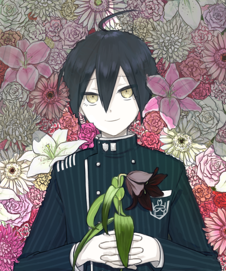 1boy, ahoge, bangs, black_flower, black_hair, brown_eyes, closed_mouth, commentary_request