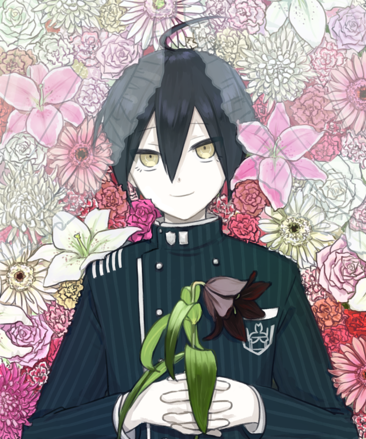 1boy, ahoge, bangs, black_flower, black_hair, brown_eyes, closed_mouth, commentary_request