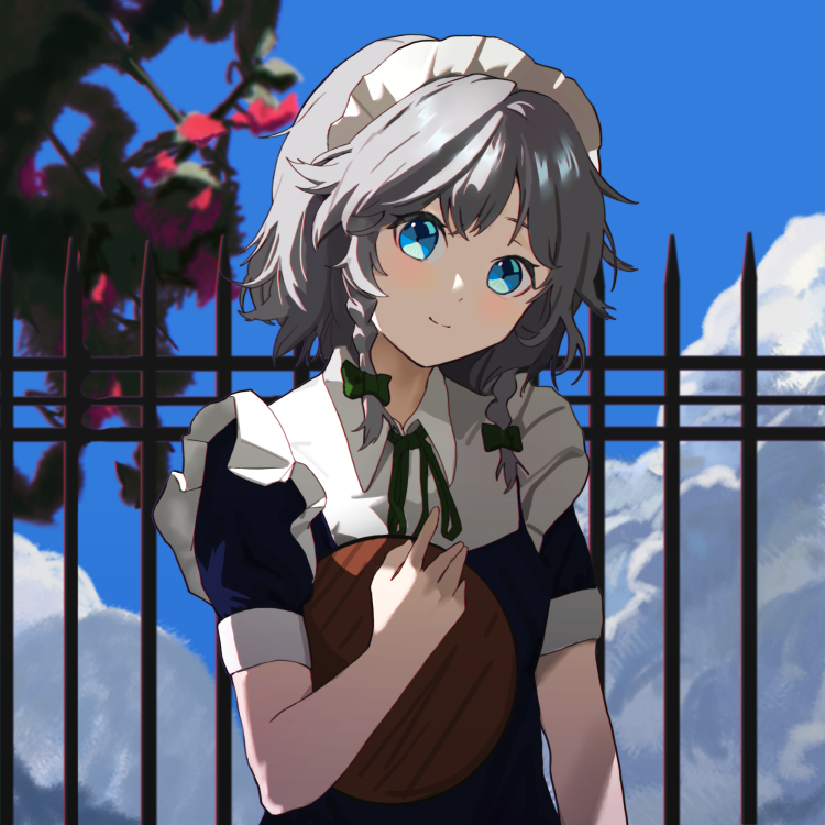 1girl, bei_chelun_de_daquan_yangcong_anakin, blue_dress, blue_eyes, bow, braid, breasts, closed_mouth, clouds, cloudy_sky, commentary_request, day, dress, eyebrows_behind_hair, fence, flower, flower_request, green_bow, green_neckwear, green_ribbon, hair_bow, hair_ribbon, head_tilt, holding, holding_tray, izayoi_sakuya, light_blush, looking_at_viewer, maid, maid_headdress, puffy_short_sleeves, puffy_sleeves, red_flower, ribbon, short_hair, short_sleeves, side_braids, silver_hair, sky, small_breasts, smile, solo, touhou, tray, tress_ribbon, twin_braids, upper_body, white_headwear