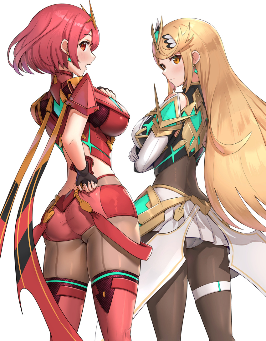 2girls, adapted_costume, adjusting_clothes, adjusting_shorts, ass, back-seamed_legwear, bangs, bare_shoulders