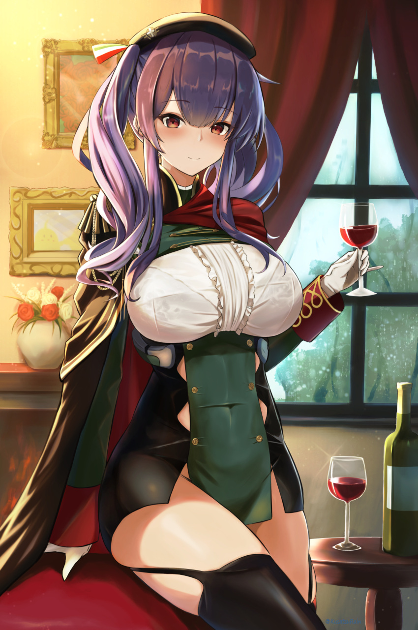 1girl, amano_kusatsu, arm_up, azur_lane, bangs, beret, black_headwear, bottle