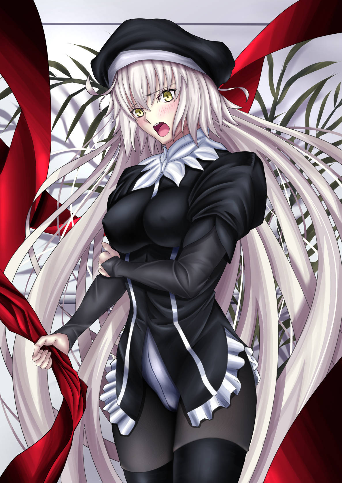 1girl, bangs, beret, black_headwear, black_shirt, blush, bodysuit_under_clothes, breasts