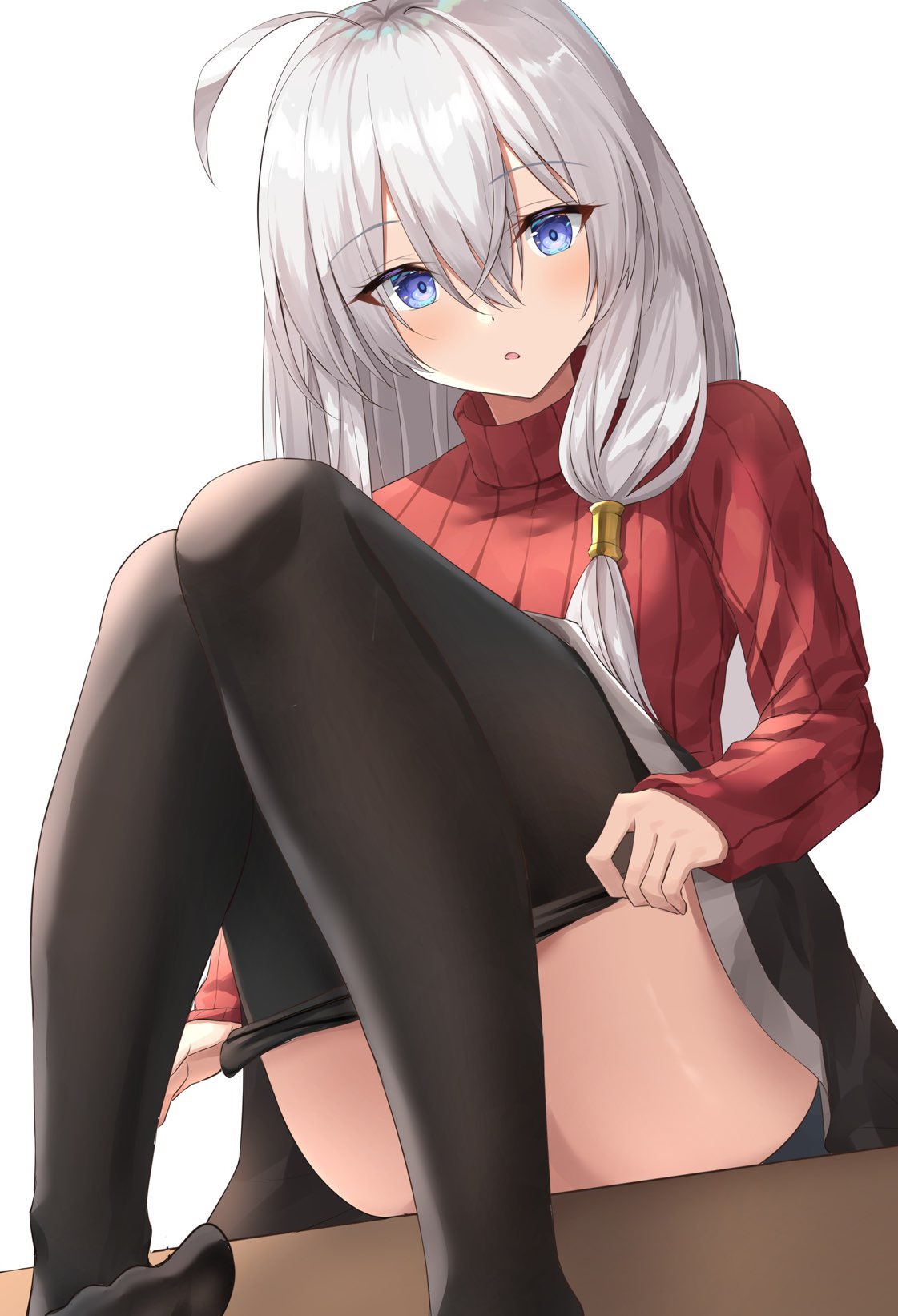 1girl, ahoge, ass_visible_through_thighs, bangs, black_legwear, blue_eyes, elaina_(majo_no_tabitabi), hair_between_eyes, highres, kanaria_(kanari_as), long_hair, looking_at_viewer, majo_no_tabitabi, pantyhose, parted_lips, red_sweater, silver_hair, simple_background, sweater, undressing, white_background