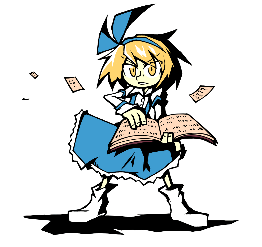 1girl, alice_margatroid, alice_margatroid_(pc-98), bangs, blonde_hair, blue_hairband, blue_skirt, book, buttons, collared_shirt, eyebrows_visible_through_hair, flying_paper, full_body, hairband, holding, holding_book, long_sleeves, looking_at_viewer, pages, paper, setz, shirt, short_hair, simple_background, skirt, solo, standing, suspenders, touhou, touhou_(pc-98), v-shaped_eyebrows, white_background, white_shirt, yellow_eyes