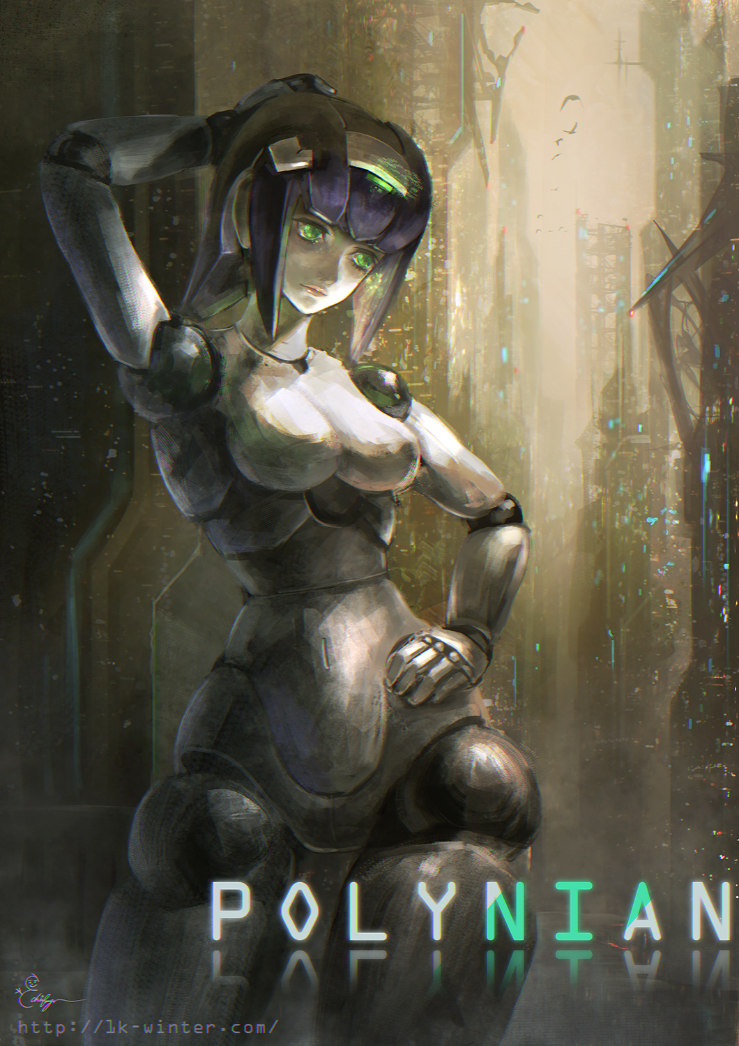 android, breasts, city, clover_(polynian), doll_joints, green_eyes, hand_on_hip, highres, joints, leaning_to_the_side, looking_down, medium_breasts, metal_skin, navel, no_humans, robot, robot_neoanthropinae_polynian, science_fiction, solo, twisted_torso, watermark, web_address, yukishiro_chifuyu