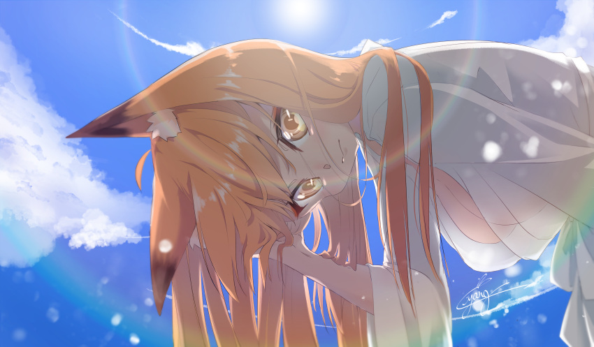 1girl, above_clouds, absurdres, animal_ears, bathrobe, blonde_hair, blue_sky, blush