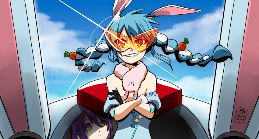 animal_ear_fluff, animal_ears, blue_hair, braid, carrot_hair_ornament, eyebrows_visible_through_hair, food_themed_hair_ornament, gunbuster_pose, hair_ornament, highres, hololive, hololive_indonesia, long_hair, looking_at_viewer, mateus_alves, moona_hoshinova, multicolored_hair, multiple_girls, purple_hair, rabbit_ears, rabbit_girl, tengen_toppa_gurren_lagann, twin_braids, two-tone_hair, usada_pekora, virtual_youtuber, white_hair