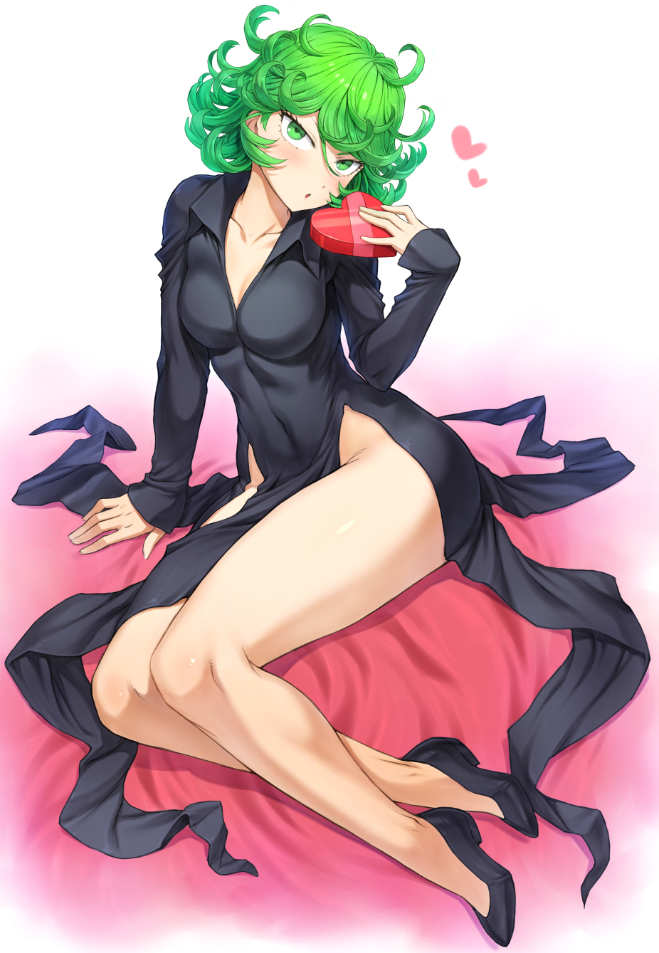 1girl, arm_support, bangs, black_dress, black_footwear, box, breasts, collarbone