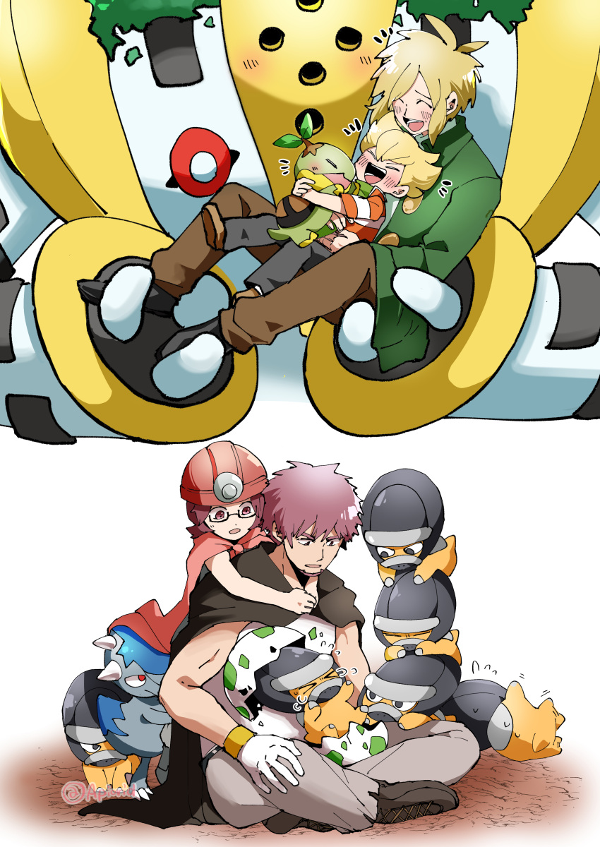 4boys, absurdres, akanboh, barry_(pokemon), black_footwear, blonde_hair, blush, brown_cape
