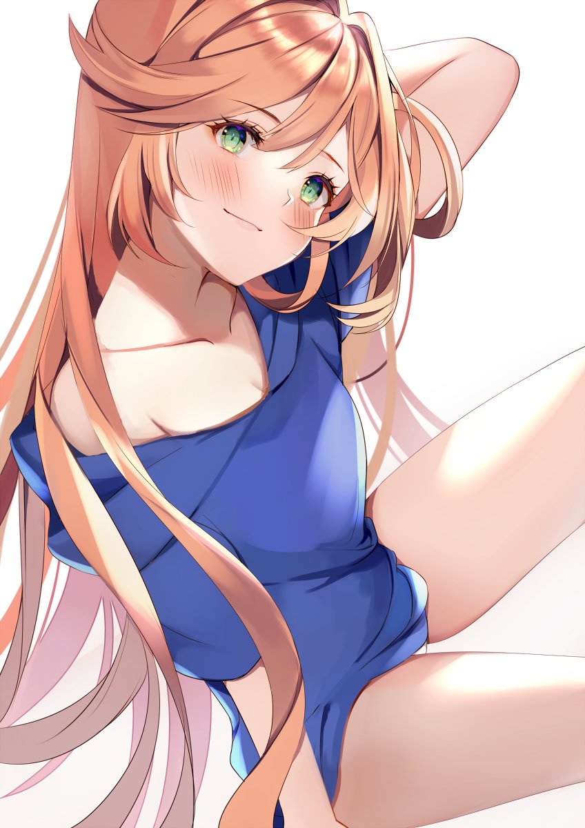 aoi_(kirabosi105), arm_up, blue_shirt, bottomless, clarisse_(granblue_fantasy), granblue_fantasy, green_eyes, hand_on_own_head