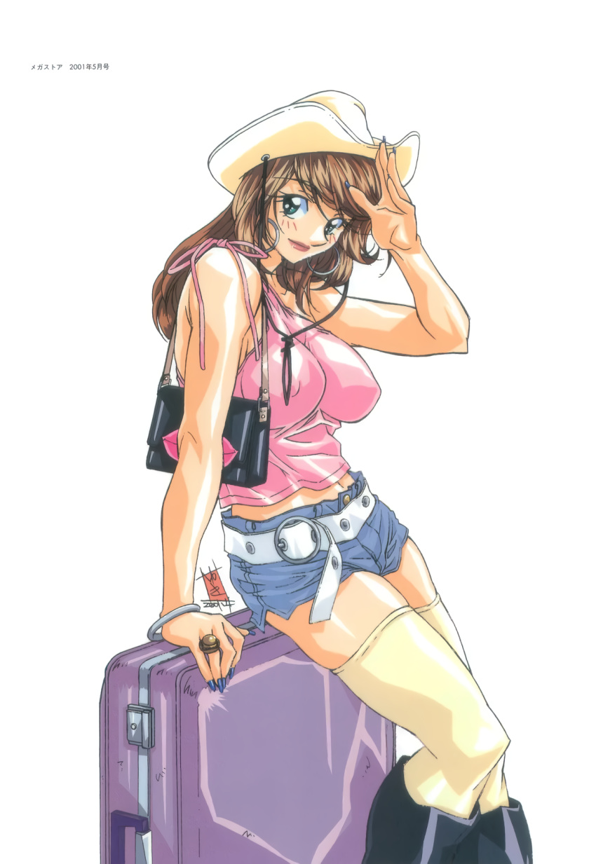 1girl, arm_up, bag, belt, black_footwear, boots, bracelet, breasts