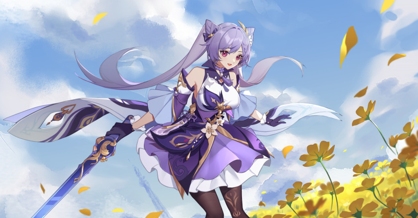 1girl, bangs, bare_shoulders, black_legwear, bow, breasts, catttleo, clouds, cloudy_sky, day, detached_sleeves, double_bun, dress, eyebrows_visible_through_hair, flower, frilled_dress, frilled_gloves, frilled_skirt, frilled_sleeves, frills, genshin_impact, gloves, hair_bow, hair_ornament, hair_ribbon, highres, holding, holding_sword, holding_weapon, keqing_(genshin_impact), long_hair, looking_at_viewer, medium_breasts, open_mouth, outdoors, pantyhose, petals, purple_hair, ribbon, skirt, sky, smile, solo, sword, tassel, twintails, violet_eyes, weapon, white_flower, yellow_flower