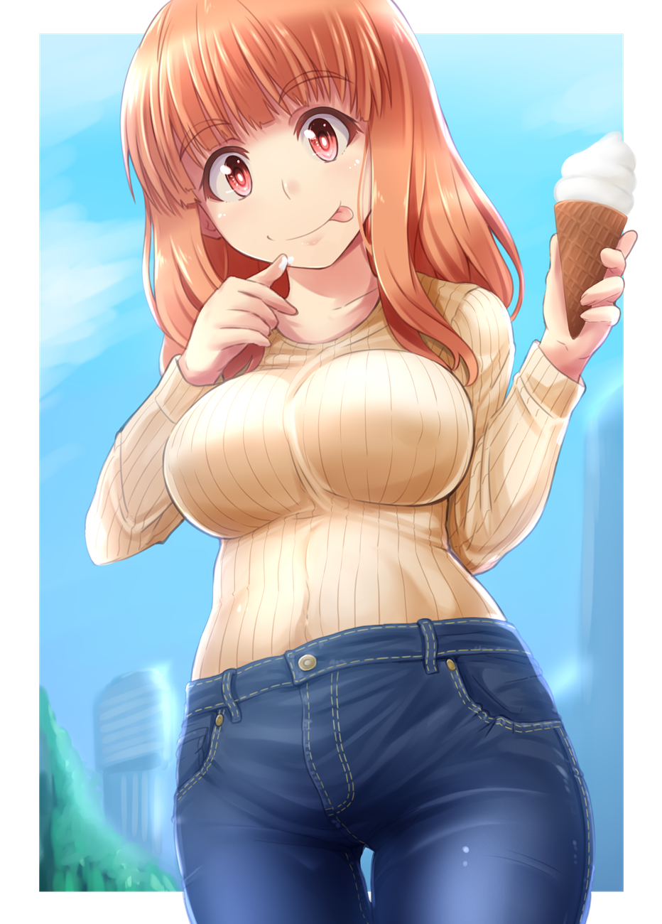 1girl, :p, bangs, blue_pants, blue_sky, blunt_bangs, blurry, blurry_background