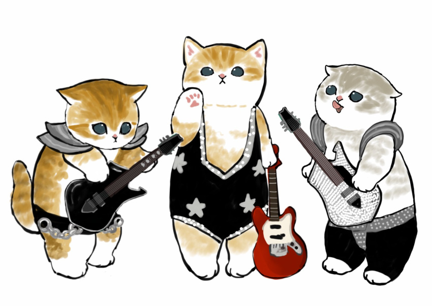 :<, animal, armor, black_leotard, brown_fur, cat, electric_guitar, grey_fur