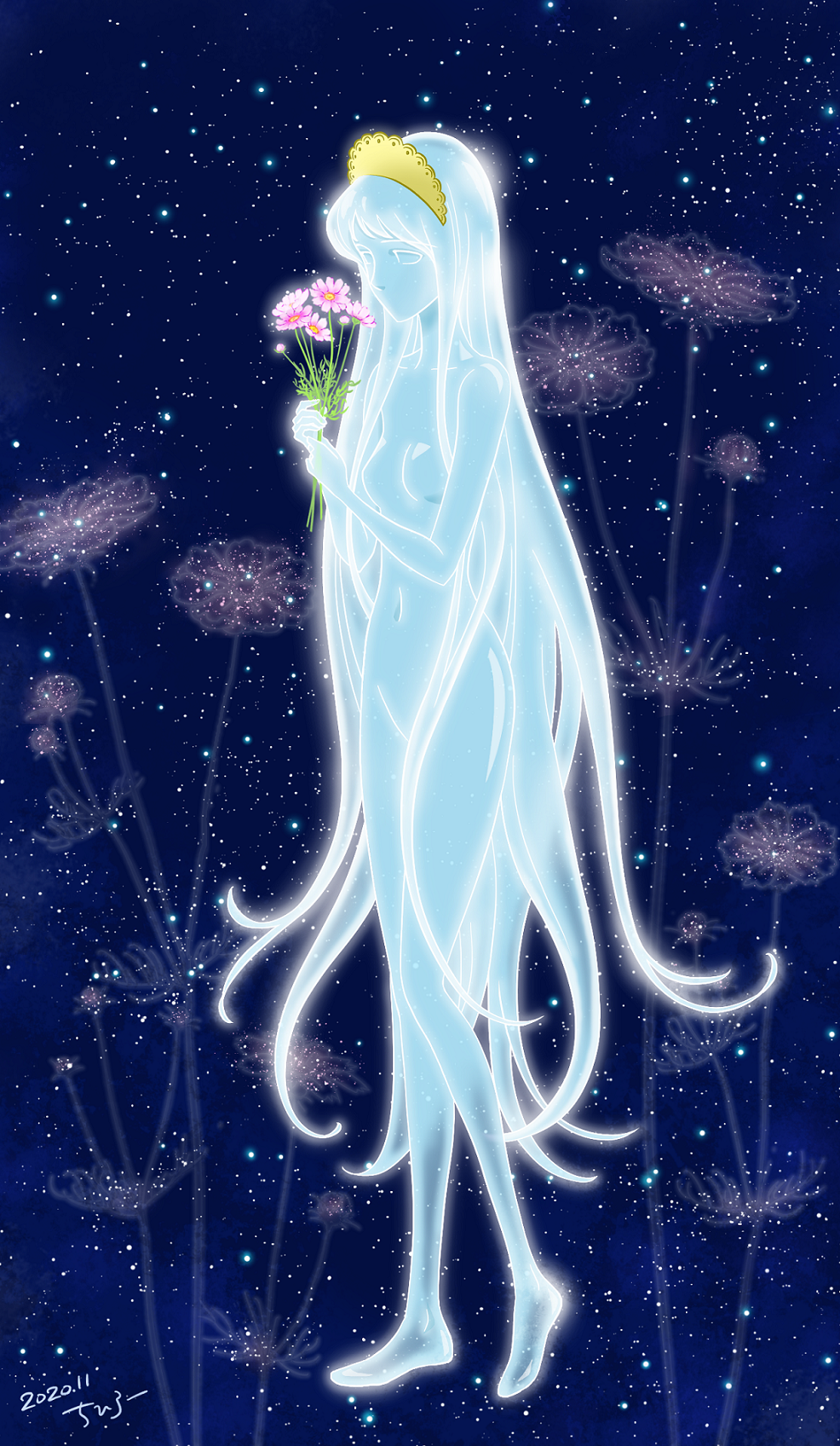 1girl, barefoot, blue_hair, blue_skin, chihiroo2202, claire_(ginga_tetsudou_999), colored_skin, crystal, dated, flower, full_body, ginga_tetsudou_999, highres, holding, holding_flower, long_hair, navel, nude, sky, solo, space, standing, star_(sky), starry_sky, tiara, very_long_hair