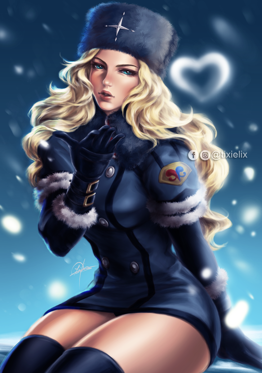 1girl, artist_name, black_legwear, blonde_hair, blue_eyes, eyelashes, fur_hat, fur_trim