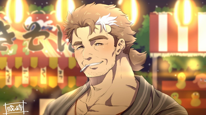 1boy, blurry, blurry_background, brown_eyes, brown_hair, facial_hair, festival, grey_hair, japanese_clothes, kimono, lantern, male_focus, mononobe_kyoma_(tokyo_houkago_summoners), mouth_hold, multicolored_hair, night, outdoors, paper_lantern, rubber_duck, sanwari_(aruji_yume), stubble, thick_eyebrows, tokyo_houkago_summoners, two-tone_hair, upper_body