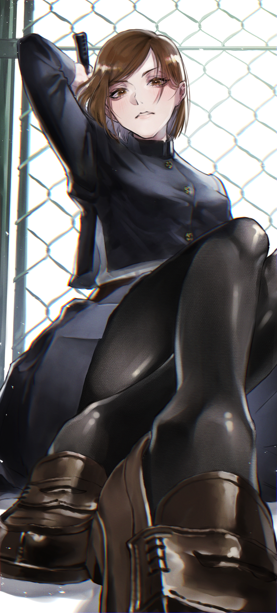 1girl, arm_up, asymmetrical_bangs, bangs, black_legwear, blue_jacket, blue_skirt, blush, breasts, brown_eyes, brown_footwear, brown_hair, chain-link_fence, closed_mouth, commentary, crossed_legs, day, fence, full_body, gakuran, hammer, highres, hitohachan, holding, holding_hammer, jacket, jujutsu_kaisen, kugisaki_nobara, lips, loafers, looking_at_viewer, medium_breasts, miniskirt, outdoors, pantyhose, parted_bangs, pleated_skirt, school_uniform, shirt, shoes, short_hair, sitting, skirt, solo, white_shirt