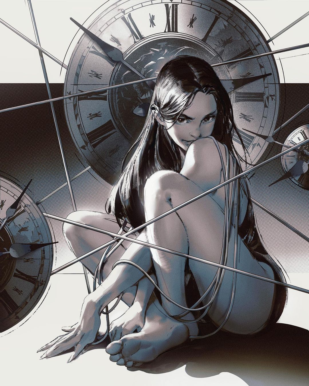 1girl, bare_legs, between_legs, cable, clock, clock_hands, crossed_arms, english_commentary, fingernails, full_body, gantz, greyscale, hand_between_legs, highres, leotard, long_hair, looking_at_viewer, mitch_mohrhauser, monochrome, nose, realistic, shimohira_reika, sidelighting, sitting, soles, solo, toes