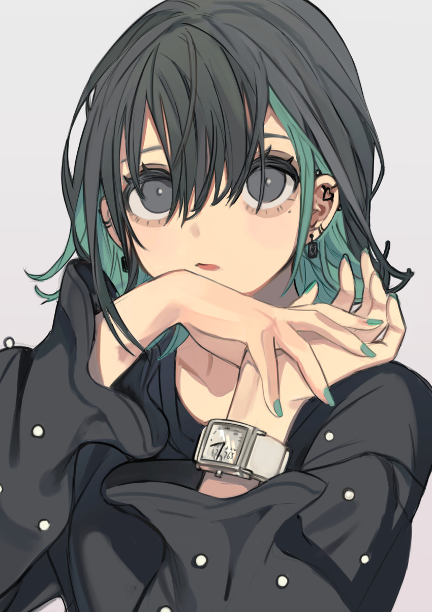 1girl, bangs, black_eyes, black_hair, closed_mouth, colored_inner_hair, earrings, green_hair