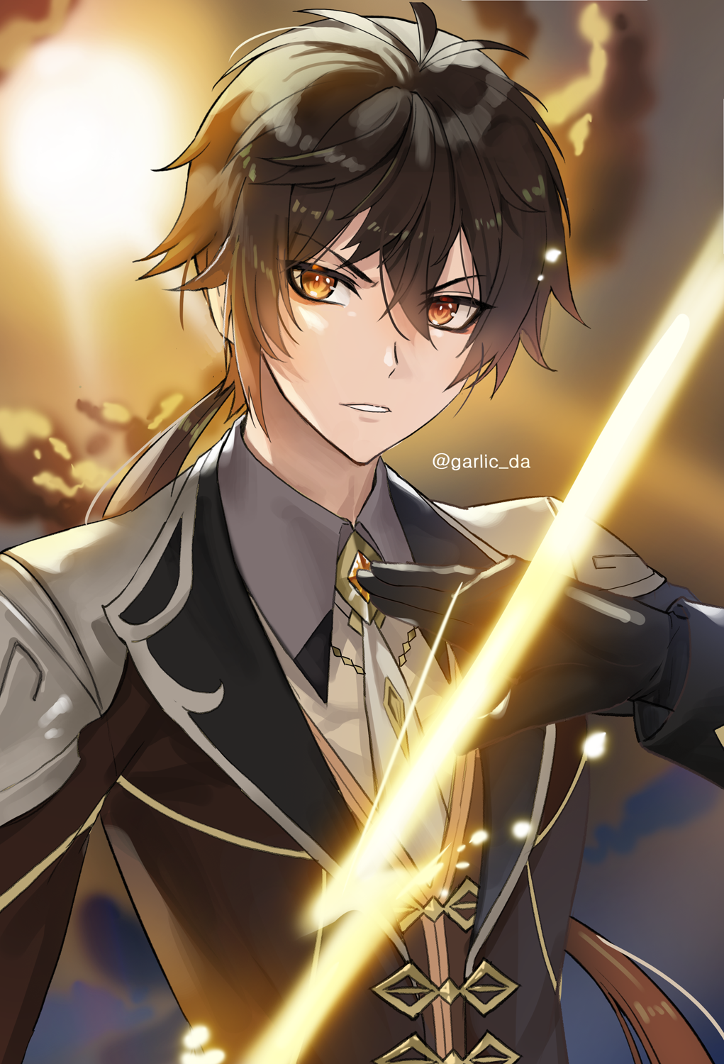 1boy, bangs, black_gloves, black_hair, brown_hair, clouds, cloudy_sky, collared_shirt