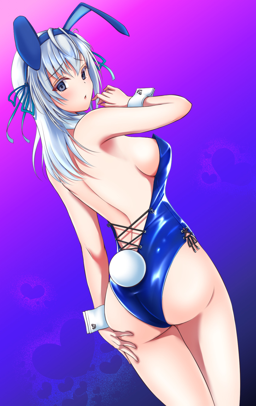 1girl, animal_ears, ass, blue_eyes, blue_leotard, breasts, bunny_tail, cowboy_shot, fake_animal_ears, fake_tail, from_behind, hachiware_(8ware63), highres, kantai_collection, leotard, long_hair, medium_breasts, one_side_up, playboy_bunny, rabbit_ears, sideboob, silver_hair, solo, strapless, strapless_leotard, suzutsuki_(kancolle), tail