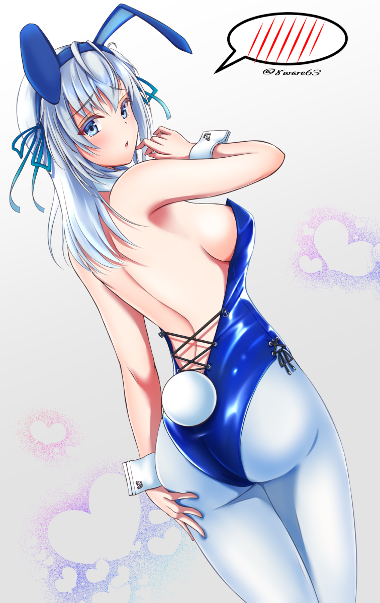 1girl, animal_ears, ass, blue_eyes, blue_leotard, breasts, bunny_tail, cowboy_shot, fake_animal_ears, fake_tail, from_behind, hachiware_(8ware63), highres, kantai_collection, leotard, long_hair, medium_breasts, one_side_up, pantyhose, playboy_bunny, rabbit_ears, sideboob, silver_hair, solo, strapless, strapless_leotard, suzutsuki_(kancolle), tail, white_legwear