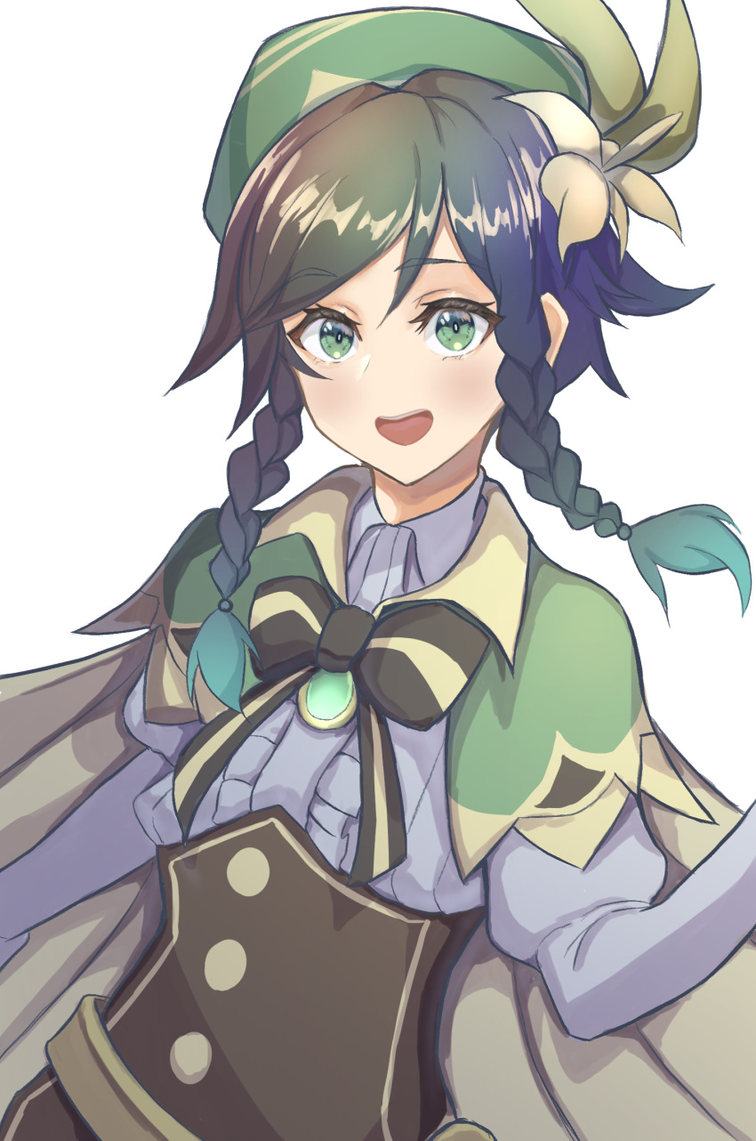1boy, bangs, black_hair, blue_hair, bow, braid, cape, eyebrows_visible_through_hair, flower, gem, genshin_impact, gradient_hair, green_eyes, green_headwear, hair_flower, hair_ornament, hat, highres, jewelry, leaf, long_sleeves, looking_at_viewer, male_focus, multicolored_hair, naoki0106, open_mouth, ribbon, simple_background, smile, solo, twin_braids, venti_(genshin_impact), white_background, white_flower