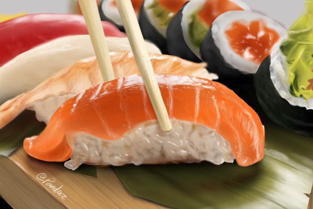 artist_name, blurry, blurry_background, chopsticks, close-up, derivative_work, fish, food
