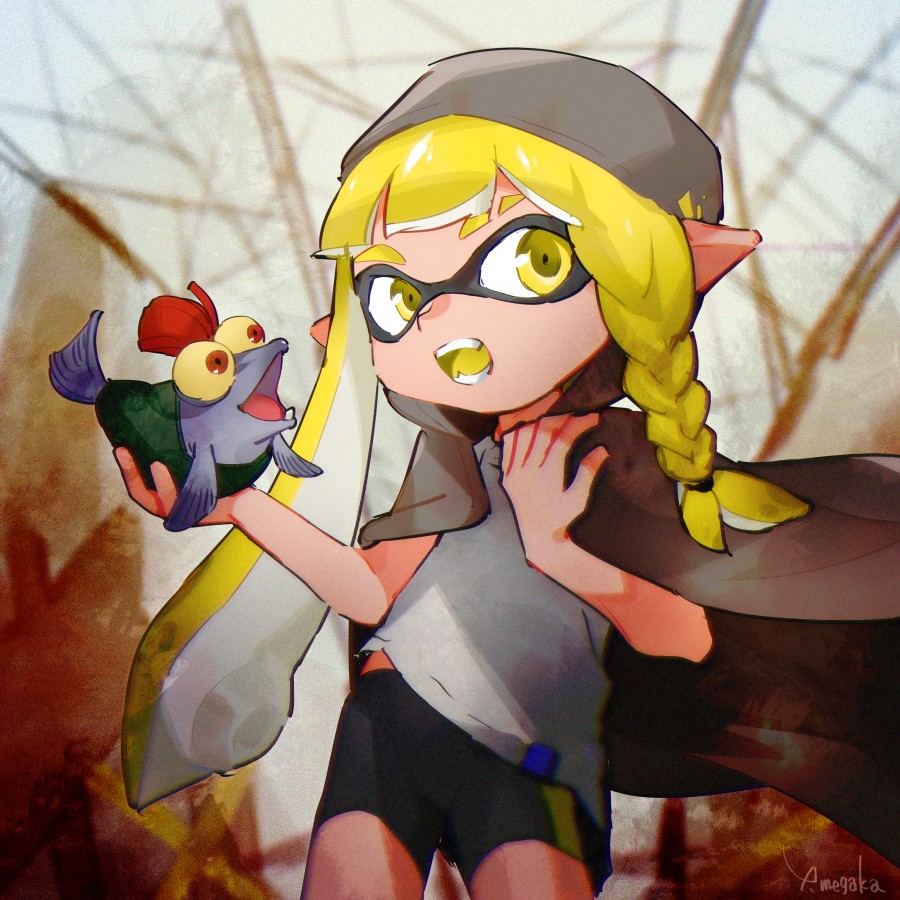 1girl, artist_name, asymmetrical_hair, bangs, beanie, bike_shorts, blonde_hair, blunt_bangs, blurry, blurry_background, braid, brown_cloak, cloak, colored_sclera, commentary_request, cowboy_shot, domino_mask, fang, fish, flat_chest, grey_headwear, hands_up, hat, holding, inkling, looking_at_another, looking_to_the_side, mask, open_mouth, outdoors, pet_smallfry_(splatoon_3), pointy_ears, red_eyes, redhead, shiny, shiny_hair, shirt, short_hair, short_sleeves, signature, single_braid, smallfry_(splatoon), splatoon_(series), splatoon_3, standing, suction_cups, teeth, tentacle_hair, tentacles, tied_hair, twintails, white_shirt, yellow_eyes, yellow_sclera, yui_megaka