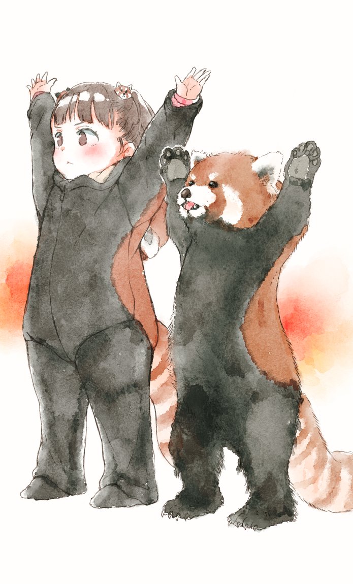 1girl, :<, animal, arms_up, blush, brown_background, brown_eyes, brown_hair