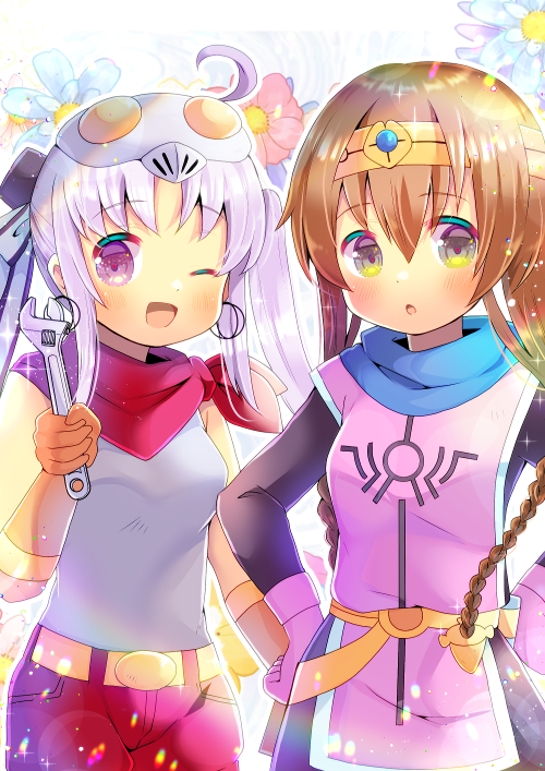 2girls, :o, ;d, ahoge, akizuki_(kancolle), bandana, bangs, black_dress, blue_flower, bow, braid, breasts, brown_eyes, brown_gloves, circlet, cosplay, dragon_quest, dragon_quest_dai_no_daibouken, dress, elbow_gloves, eyebrows_visible_through_hair, floral_background, flower, gloves, grey_eyes, hair_between_eyes, hair_bow, hands_on_hips, holding, kantai_collection, kouu_hiyoyo, long_hair, looking_at_viewer, maam, maam_(cosplay), mask, mask_on_head, multiple_girls, one_eye_closed, open_mouth, parted_bangs, parted_lips, penne_(zoids_wild), penne_(zoids_wild)_(cosplay), pink_flower, pink_gloves, red_shorts, shirt, shorts, side_ponytail, silver_hair, sleeveless, sleeveless_shirt, small_breasts, smile, striped, striped_bow, teruzuki_(kancolle), tunic, twin_braids, very_long_hair, violet_eyes, white_shirt, wrench, zoids, zoids_wild