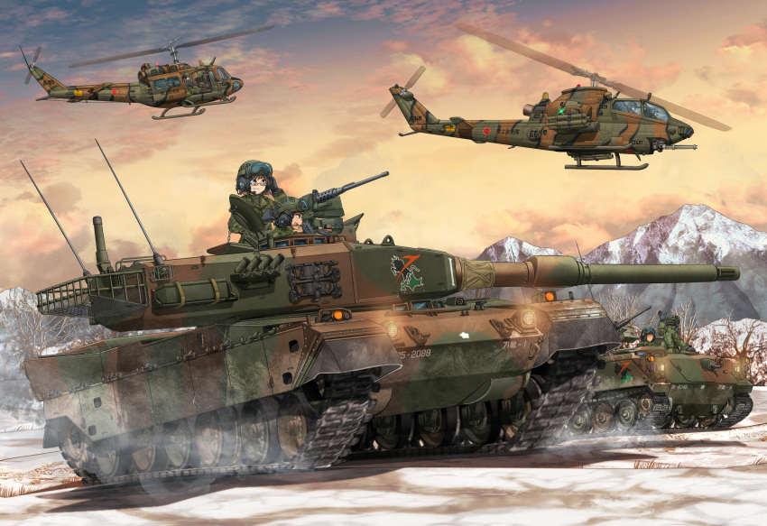 1boy, 1girl, ah-1_cobra, aircraft, arm_up, bare_tree, black_gloves, browning_m2