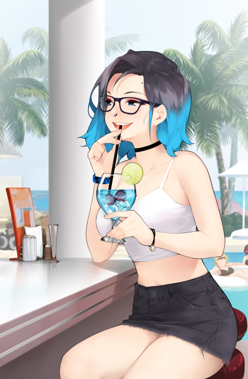 3girls, ashley_rosemarry, bikini, black-framed_eyewear, black_bikini, black_hair, blue_eyes, blue_hair