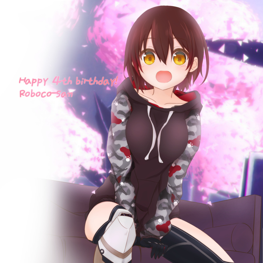 1girl, :d, android, brown_hair, camouflage, character_name, collarbone, feet_out_of_frame, gradient_hair, happy_birthday, highres, hololive, hood, hoodie, light_blush, mechanical_arms, mechanical_legs, multicolored_hair, no_pants, nogi_(nogi238), open_mouth, roboco-san, sitting, smile, solo, virtual_youtuber, yellow_eyes