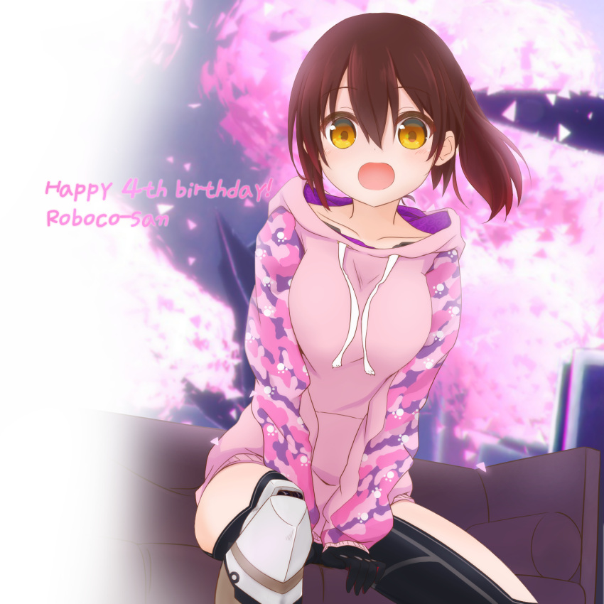 1girl, :d, android, brown_hair, camouflage, character_name, collarbone, feet_out_of_frame