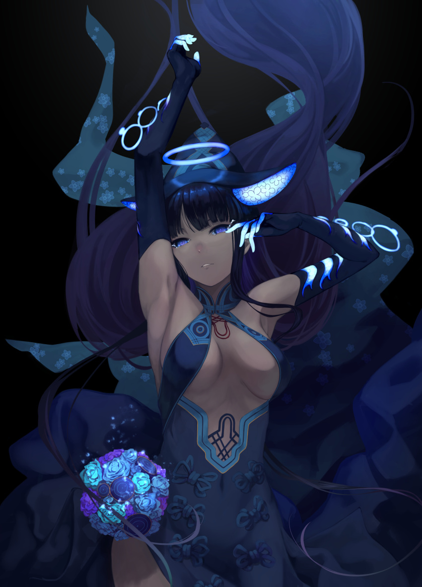 1girl, absurdres, bangs, bare_shoulders, black_background, blue_eyes, blunt_bangs, bouquet