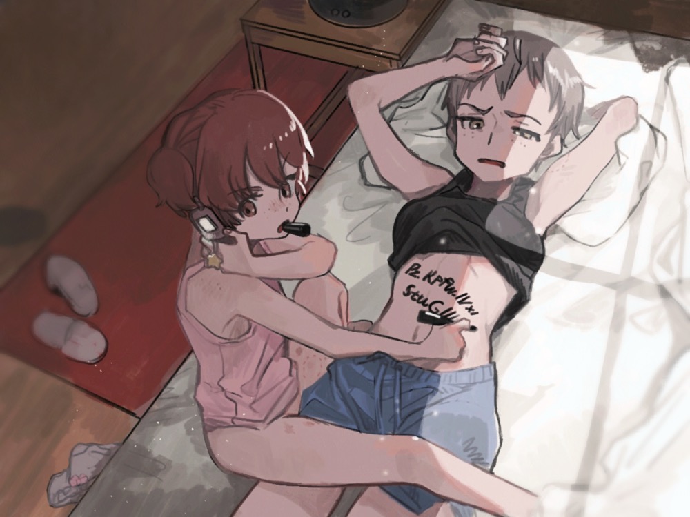2girls, alisa_(girls_und_panzer), arms_up, bangs, bed, black_shirt, blue_shorts, body_writing, brown_eyes, brown_hair, cellphone, cellphone_strap, commentary, day, freckles, frown, girls_und_panzer, half-closed_eyes, holding, holding_marker, holding_phone, indoors, knee_up, lying, marker, mouth_hold, multiple_girls, naomi_(girls_und_panzer), navel, on_back, on_bed, open_mouth, panties, phone, pink_panties, pink_shirt, sandals, shirt, shirt_lift, short_hair, short_twintails, shorts, sitting, sleepwear, star_ornament, tama_launcher, tank_top, twintails, underwear, very_short_hair, writing, yuri