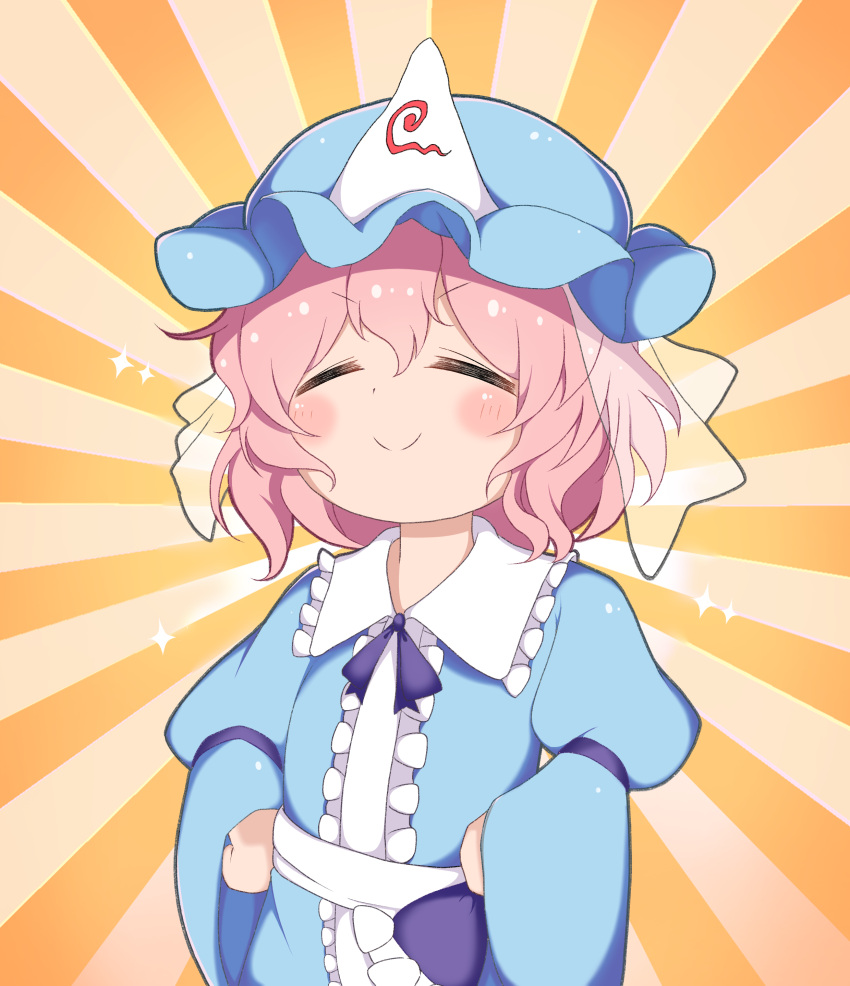 1girl, ^_^, absurdres, blue_headwear, blue_kimono, blue_neckwear, blue_ribbon, blush