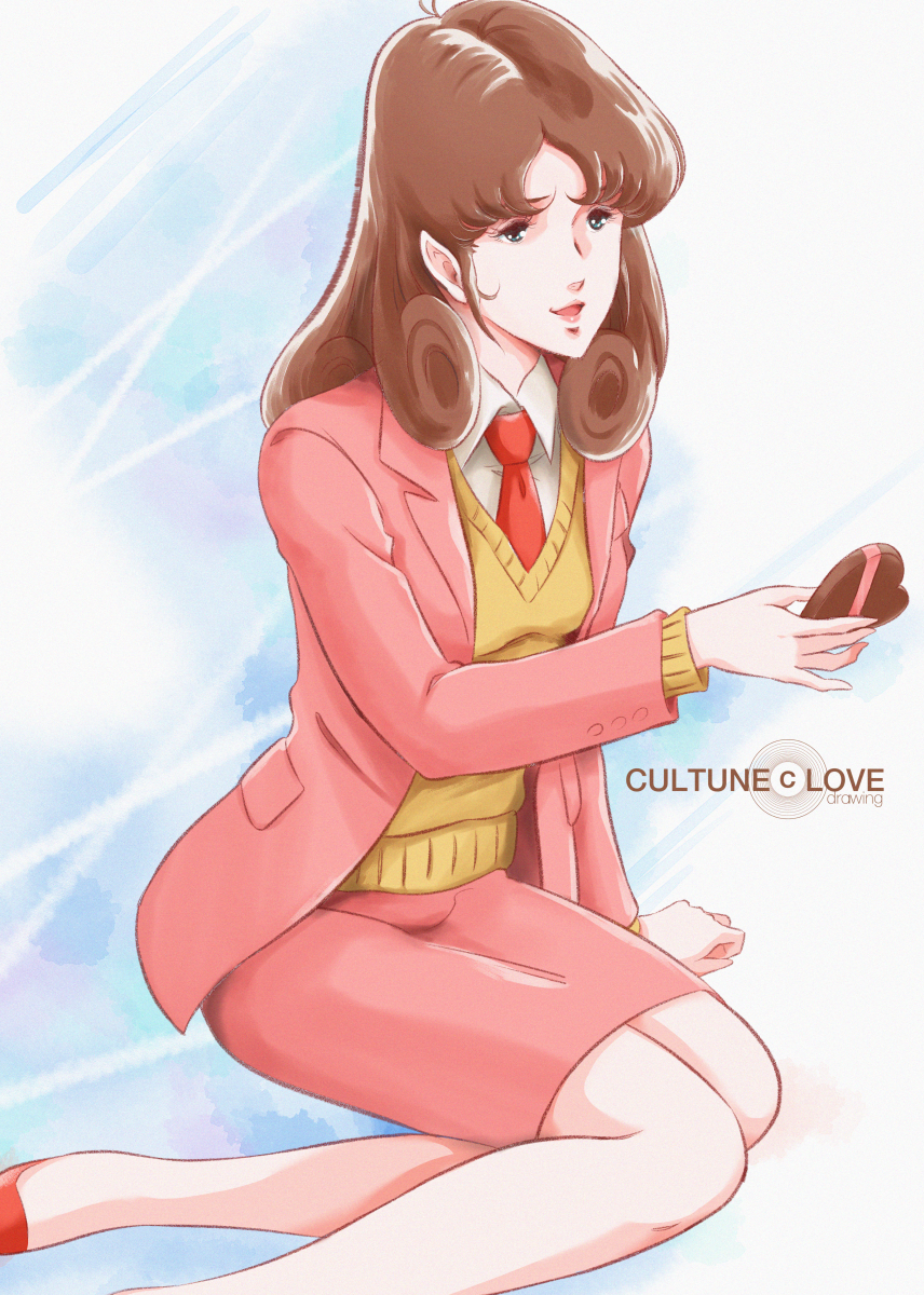 1980s_(style), 1girl, brown_hair, chocolate, choujikuu_yousai_macross, commentary_request, cookie, english_text
