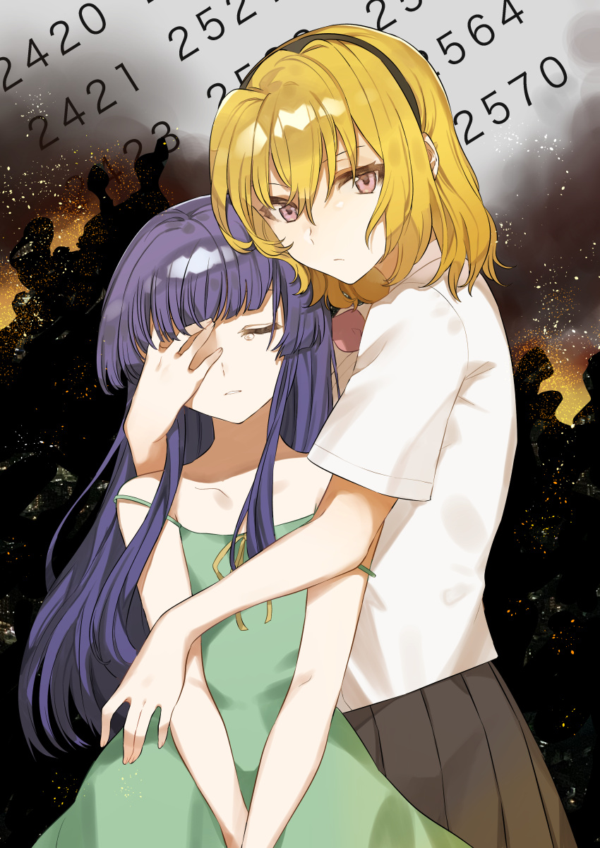 2girls, absurdres, bangs, bare_shoulders, black_hairband, black_skirt, blonde_hair, blunt_bangs