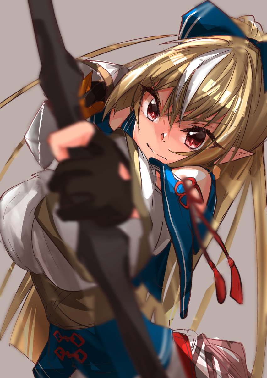 1girl, absurdres, aiming_at_viewer, arrow_(projectile), black_gloves, blonde_hair, blurry, blurry_foreground, bow_(weapon), breasts, dark_elf, dark_skin, dark-skinned_female, detached_sleeves, dress, elf, expressionless, fingerless_gloves, foreshortening, gloves, grey_background, hair_between_eyes, highres, hololive, hololive_alternative, kionaisiteru, large_breasts, layered_dress, leaning_to_the_side, long_hair, looking_at_viewer, multicolored_hair, pointy_ears, ponytail, red_eyes, shiranui_flare, simple_background, solo, streaked_hair, underbust, very_long_hair, weapon