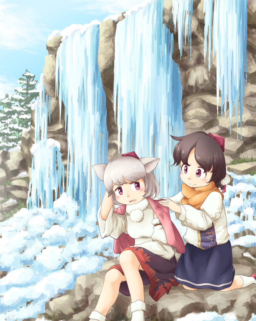 2girls, animal_ears, arm_behind_head, bangs, black_hair, black_skirt, blanket, blue_sky