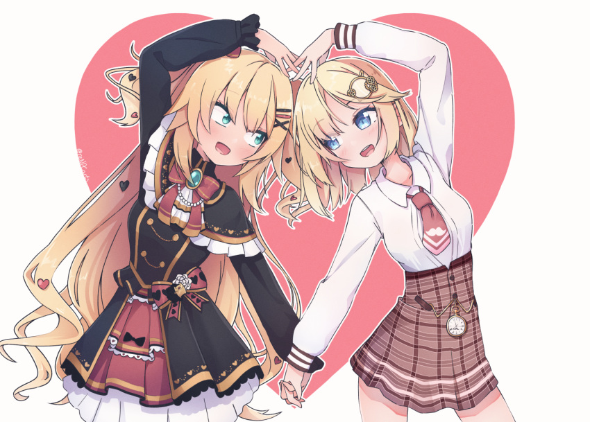 2girls, :d, akai_haato, blonde_hair, blue_eyes, blush, grey_background, hair_ornament