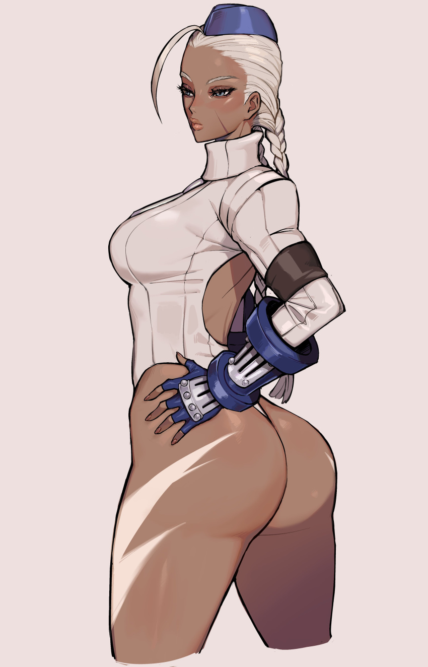 1girl, absurdres, ahoge, alternate_color, alternate_hair_color, antenna_hair, ass, backless_outfit, braid, breasts, cammy_white, ennuigrl, fingerless_gloves, garrison_cap, gauntlets, gloves, gyaru, hat, highres, leotard, lips, medium_breasts, scar, scar_on_cheek, scar_on_face, simple_background, solo, street_fighter, thighs, twin_braids, twintails