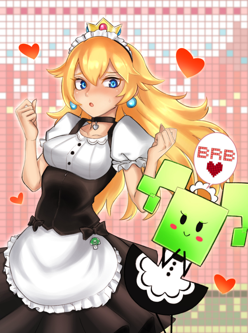 2girls, alternate_costume, apron, blonde_hair, blue_eyes, blurry, blush_stickers, breasts