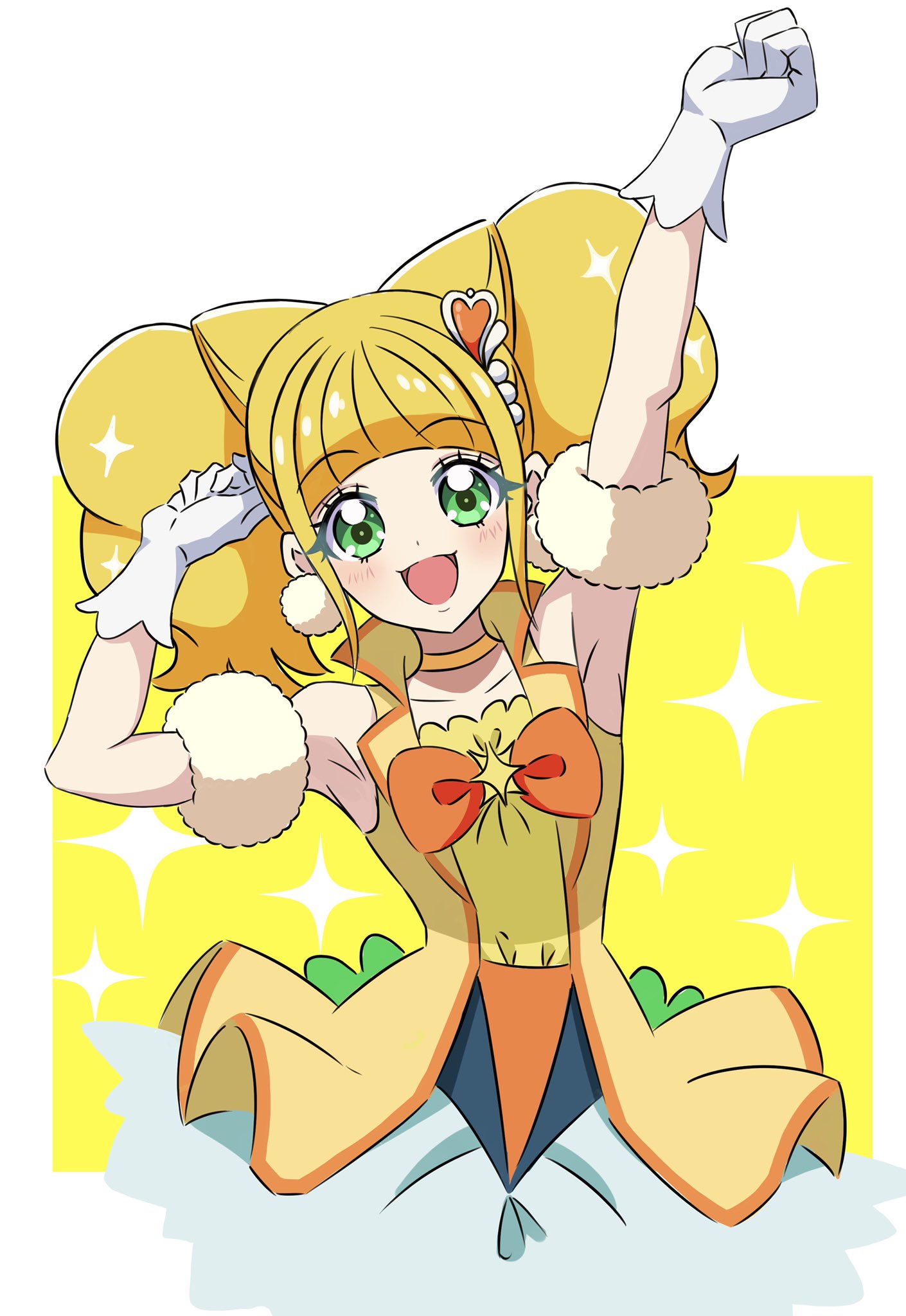 1girl, :d, arm_strap, arm_up, armpits, bangs, blonde_hair, blunt_bangs